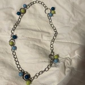 Vintage Funky Chain Type Silver/Blue/Green Necklace Low Hanging w/Beads & Loops